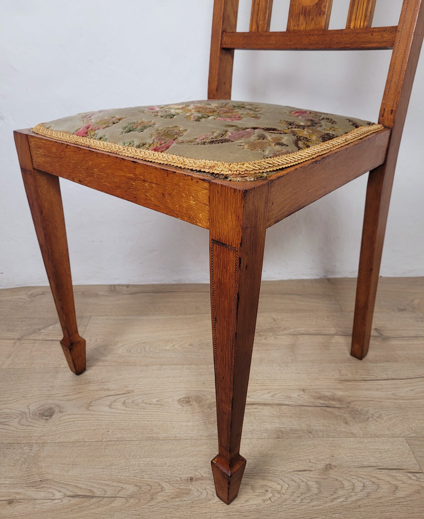 Edwardian Bedroom Chairs Pair 1910s Oak Inlaid Floral Postage Available