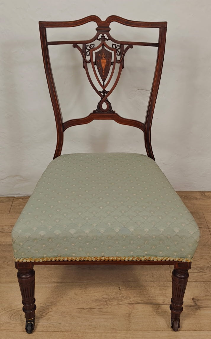 Edwardian Nursing Chair Inlaid Motif Castors Upholstery Postage Available