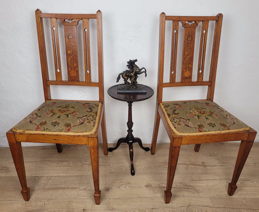 Edwardian Bedroom Chairs Pair 1910s Oak Inlaid Floral Postage Available