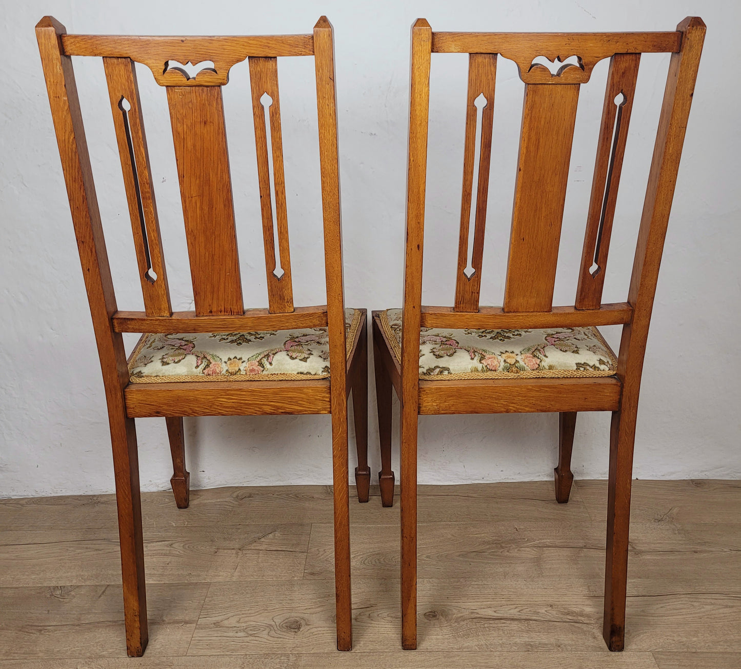 Edwardian Bedroom Chairs Pair 1910s Oak Inlaid Floral Postage Available