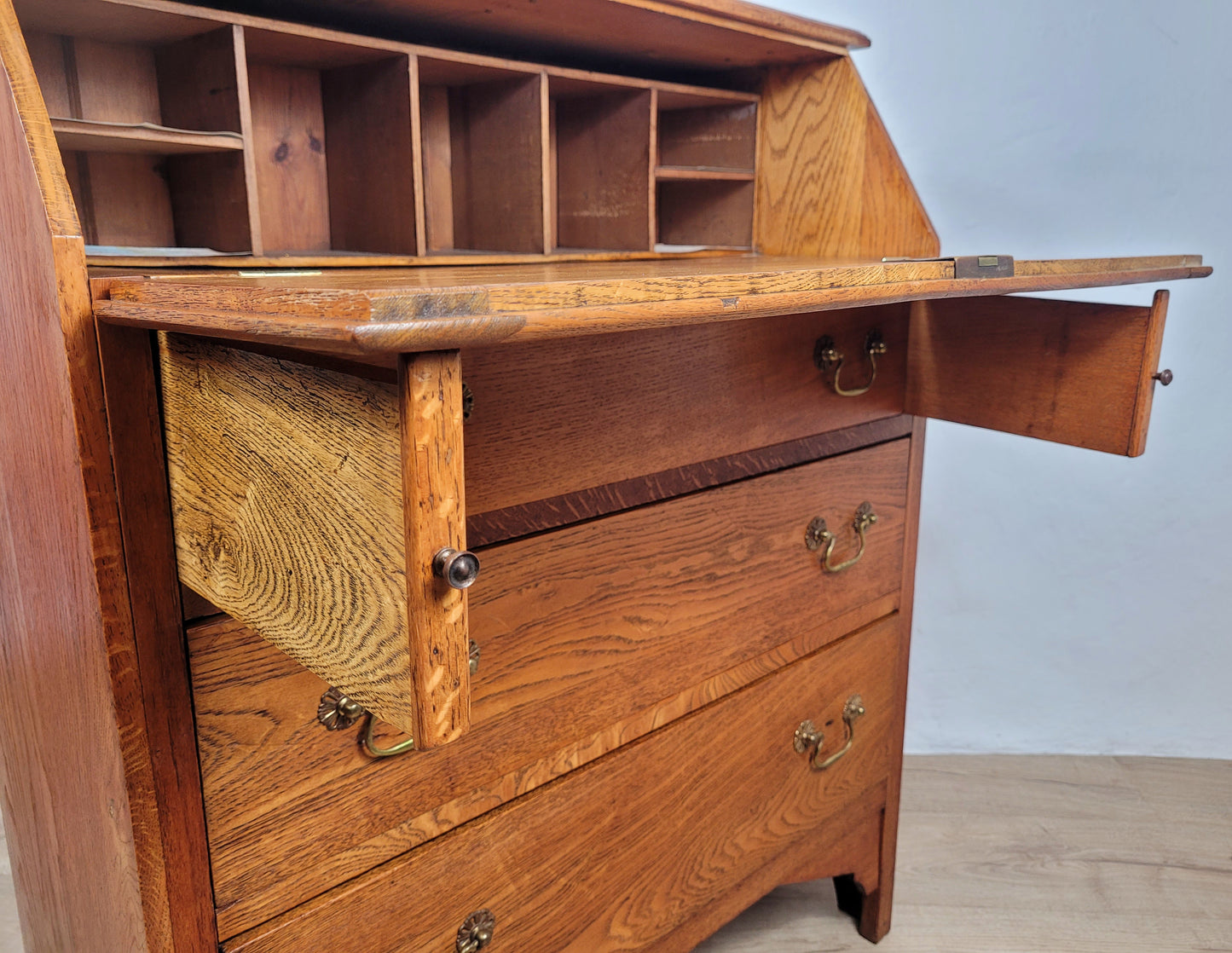 Elm Writing Bureau Desk Vintage 1930s Storage Country Rustic Delivery Available