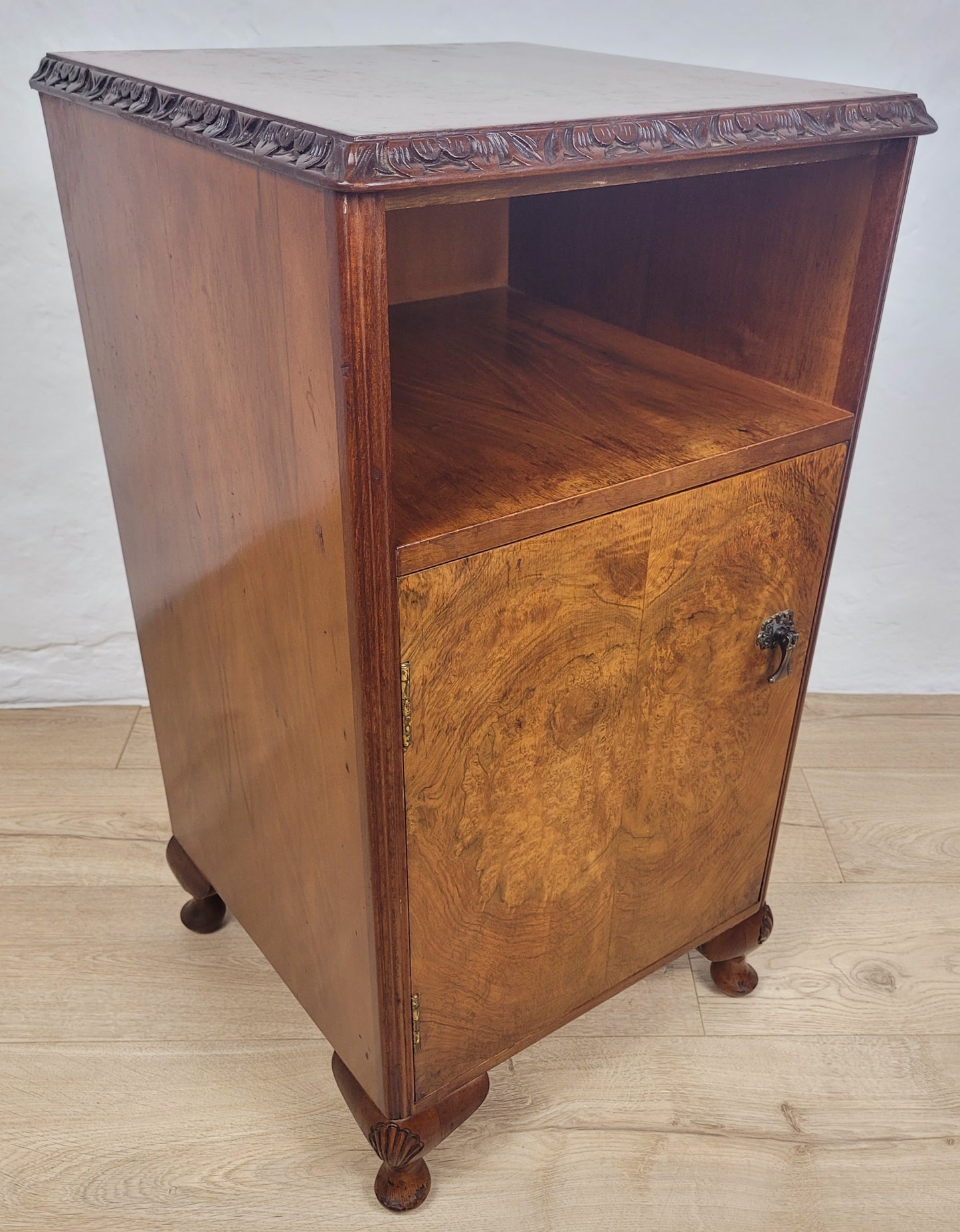 Vintage Bedside Cabinet Walnut Shell Carvings Mid 20th-Century Postage Available
