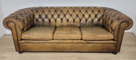 Chesterfield 3 Seater Sofa Settee Olive Green Leather 1960s Delivery Available