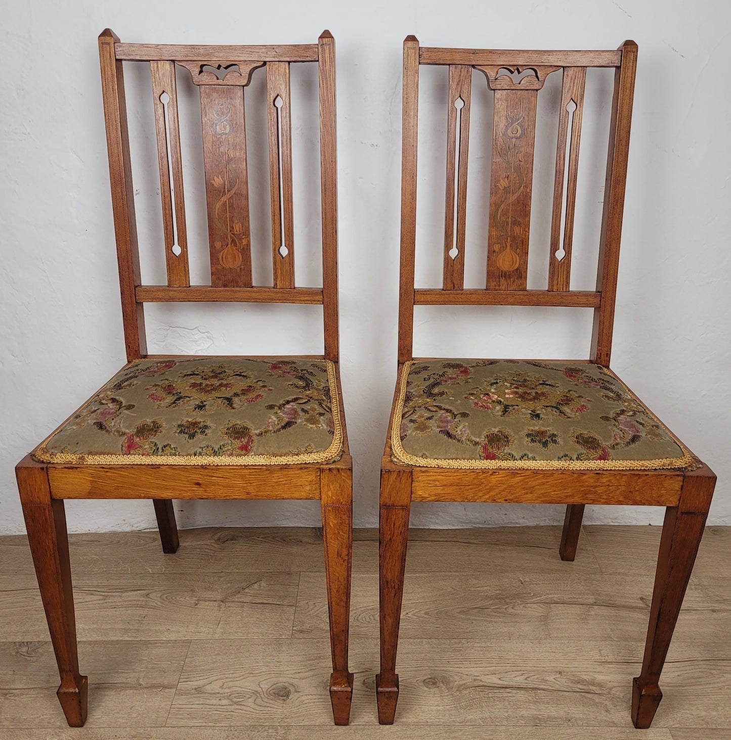 Edwardian Bedroom Chairs Pair 1910s Oak Inlaid Floral Postage Available