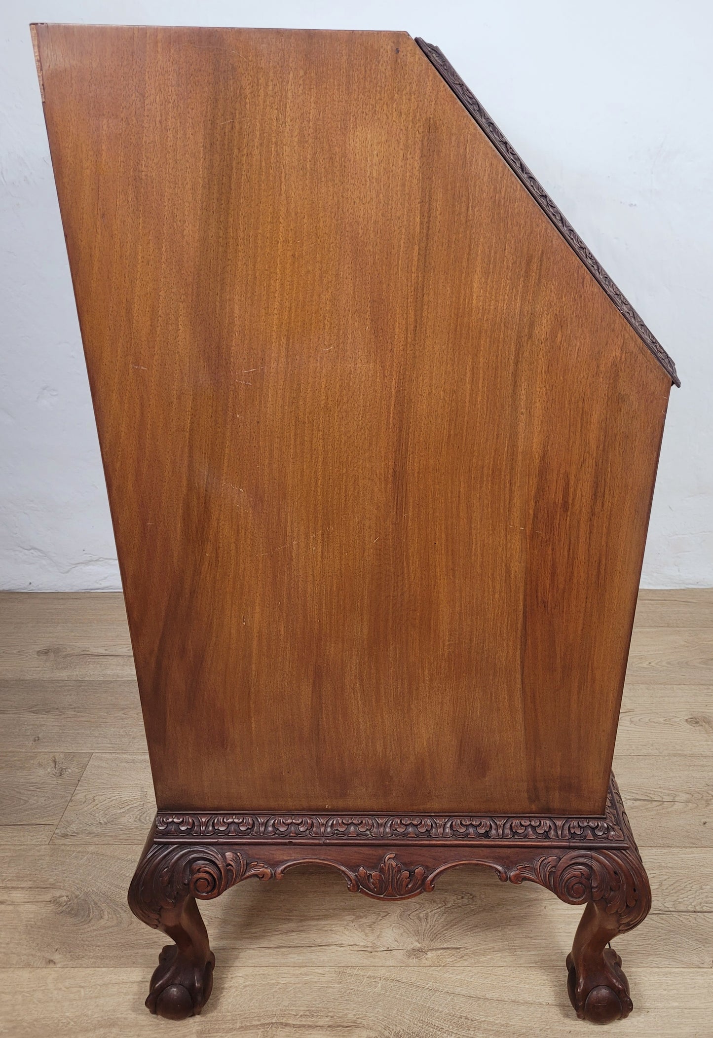 Edwardian Writing Bureau Desk Walnut Antique Carved Leather Delivery Available