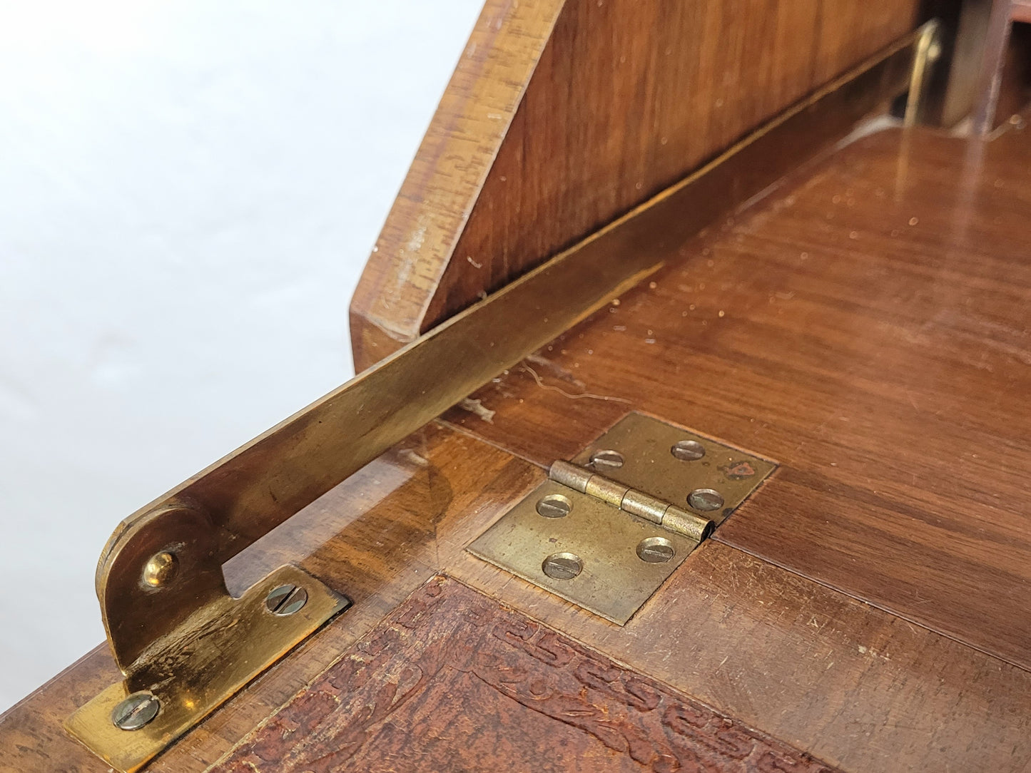 Edwardian Writing Bureau Desk Walnut Antique Carved Leather Delivery Available