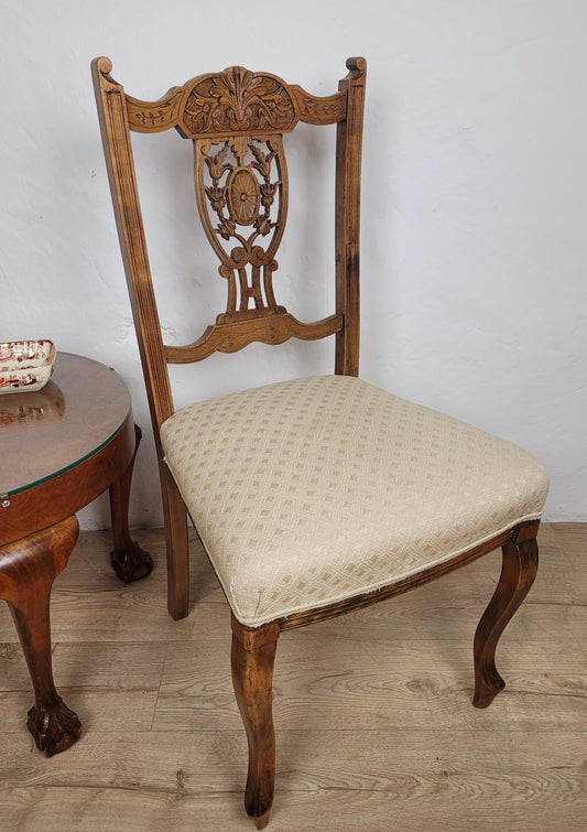 Edwardian Side Chair Carved Floral Beech Cabriole Legs Cream Postage Available