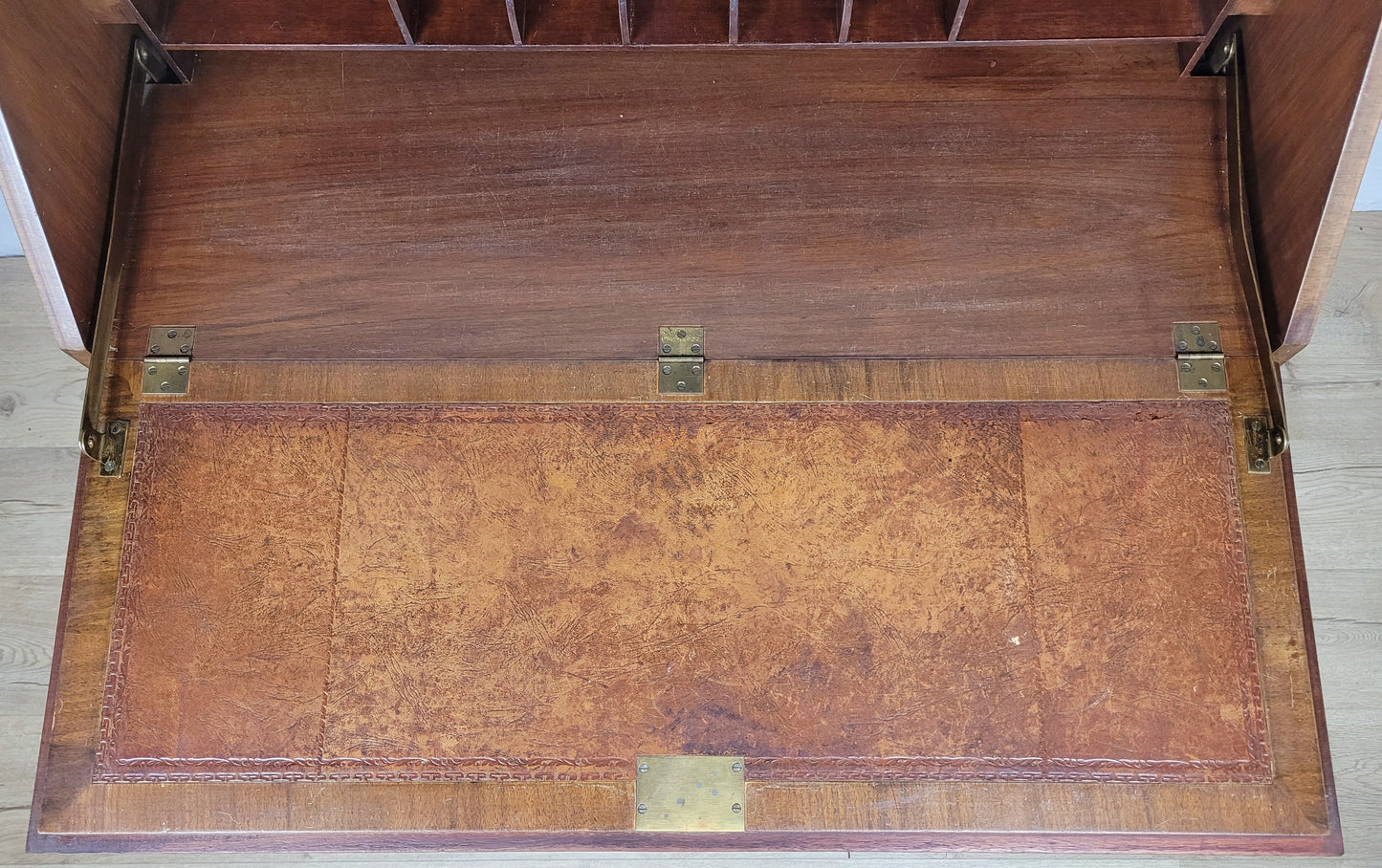 Edwardian Writing Bureau Desk Walnut Antique Carved Leather Delivery Available