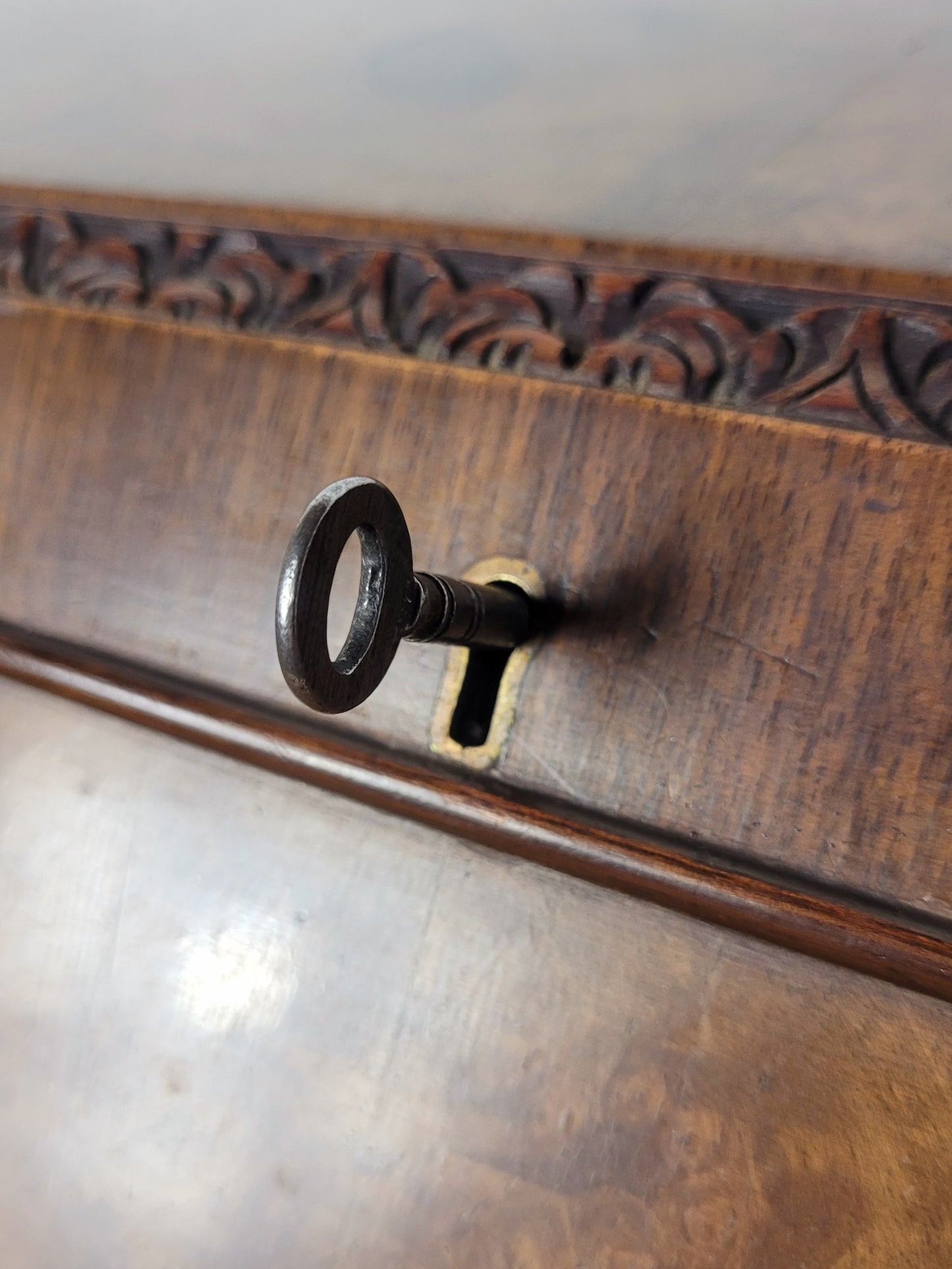 Edwardian Writing Bureau Desk Walnut Antique Carved Leather Delivery Available