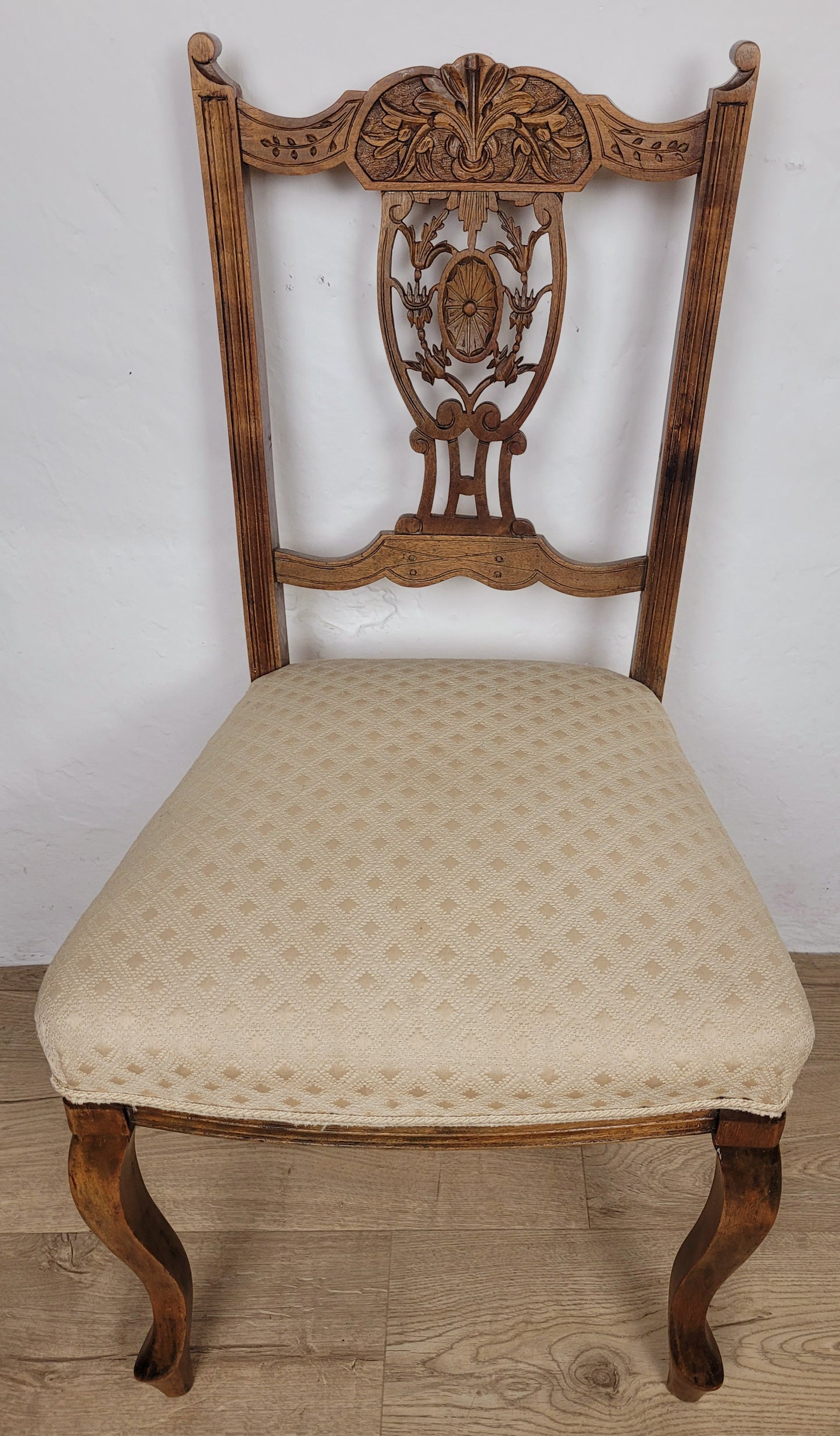 Edwardian Side Chair Carved Floral Beech Cabriole Legs Cream Postage Available