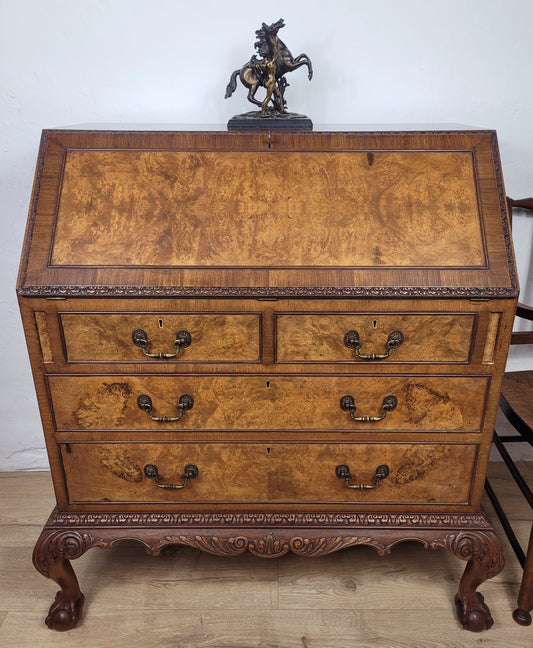 Edwardian Writing Bureau Desk Walnut Antique Carved Leather Delivery Available