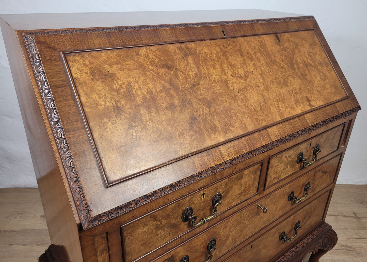 Edwardian Writing Bureau Desk Walnut Antique Carved Leather Delivery Available