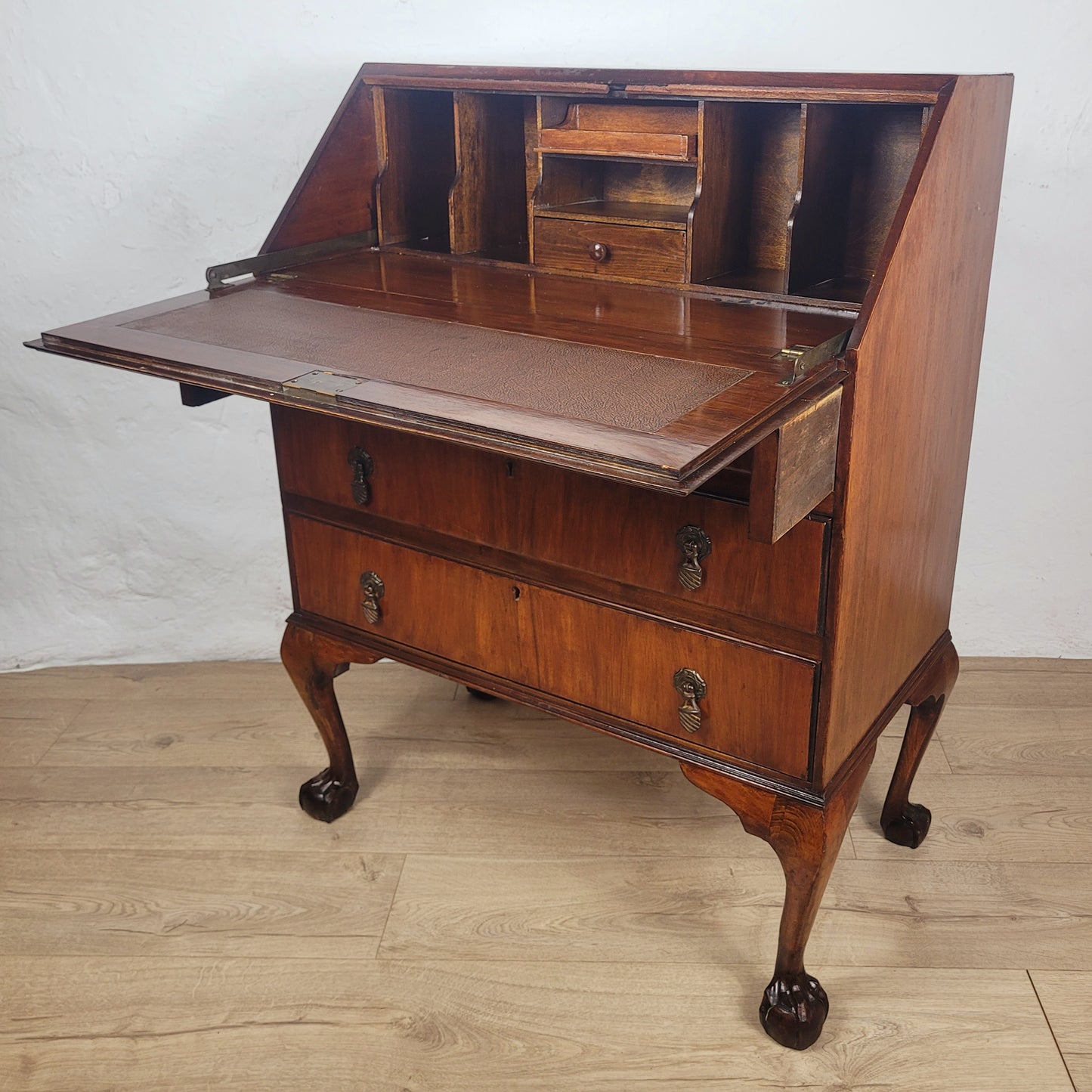 Vintage Writing Bureau Desk Teak Leather Mid 20th-C 1930s Delivery Available