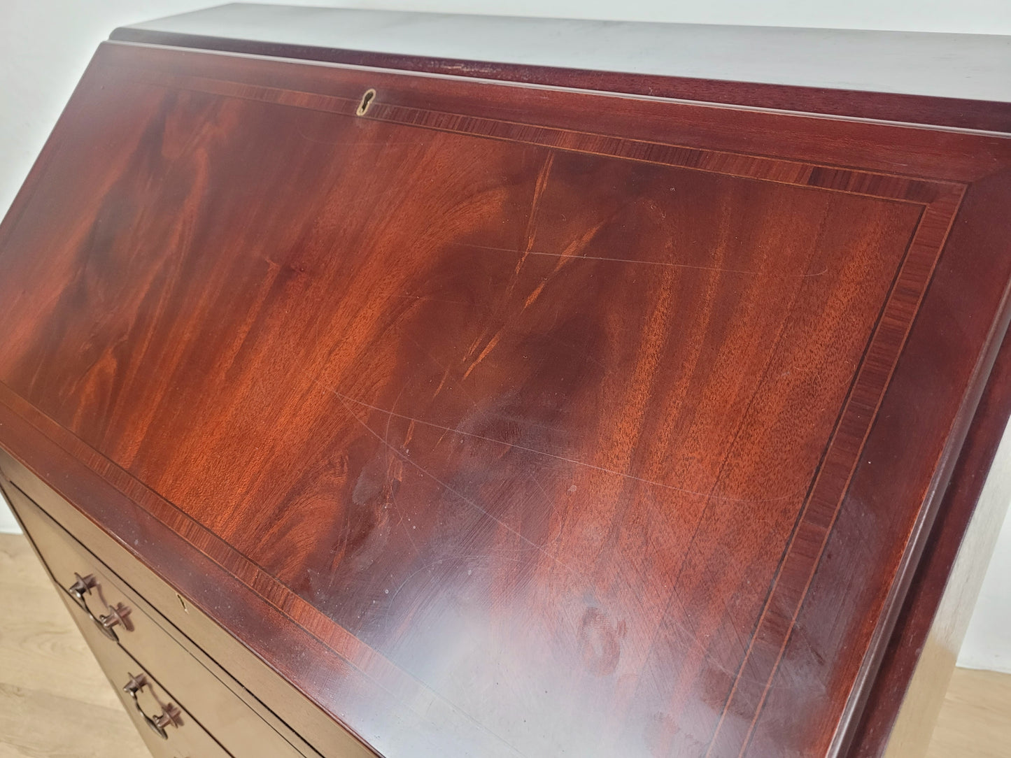 Writing Bureau Desk 20th-C Green Leather Top Drop Handles Delivery Available