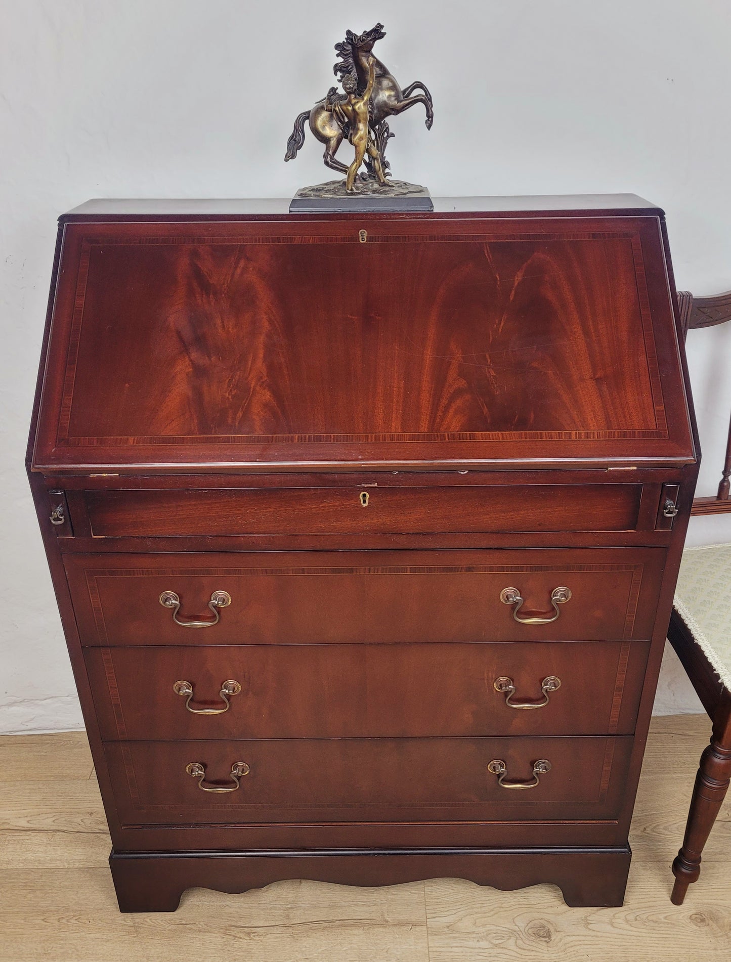 Writing Bureau Desk 20th-C Green Leather Top Drop Handles Delivery Available