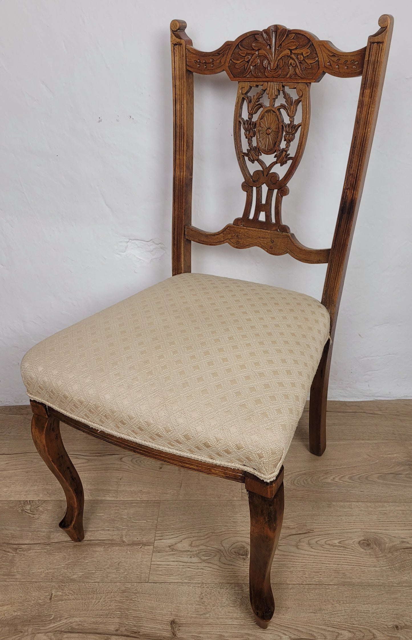 Edwardian Side Chair Carved Floral Beech Cabriole Legs Cream Postage Available