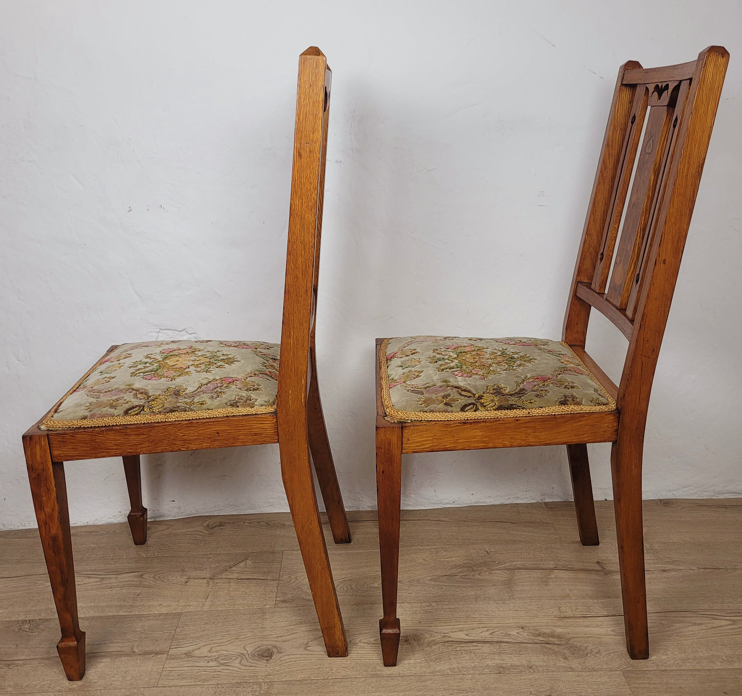 Edwardian Bedroom Chairs Pair 1910s Oak Inlaid Floral Postage Available