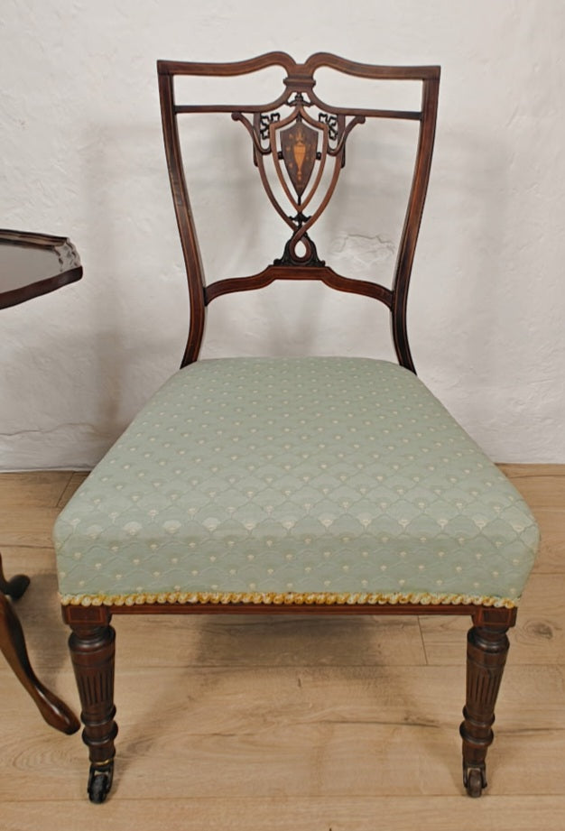 Edwardian Nursing Chair Inlaid Motif Castors Upholstery Postage Available