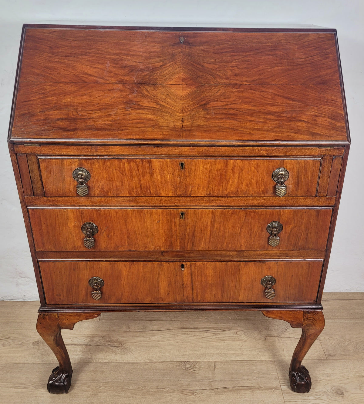 Vintage Writing Bureau Desk Teak Leather Mid 20th-C 1930s Delivery Available