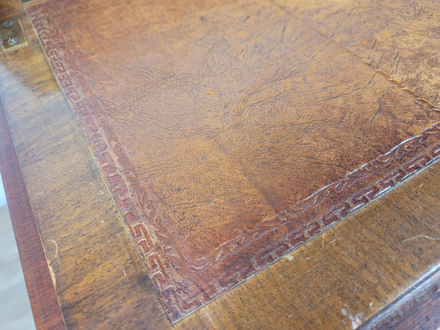 Edwardian Writing Bureau Desk Walnut Antique Carved Leather Delivery Available