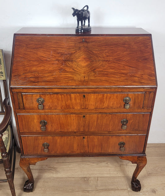Vintage Writing Bureau Desk Teak Leather Mid 20th-C 1930s Delivery Available