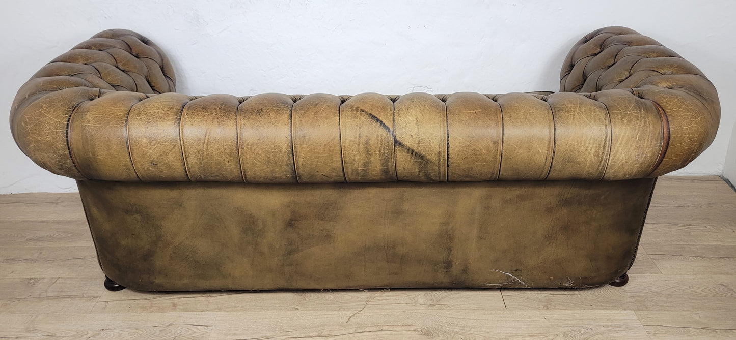 Chesterfield 3 Seater Sofa Settee Olive Green Leather 1960s Delivery Available