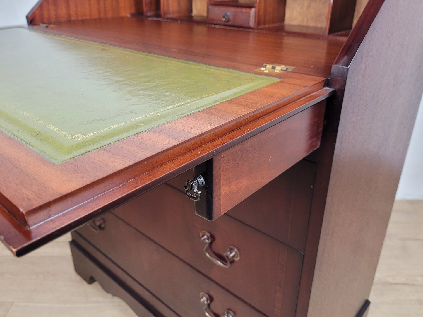 Writing Bureau Desk 20th-C Green Leather Top Drop Handles Delivery Available