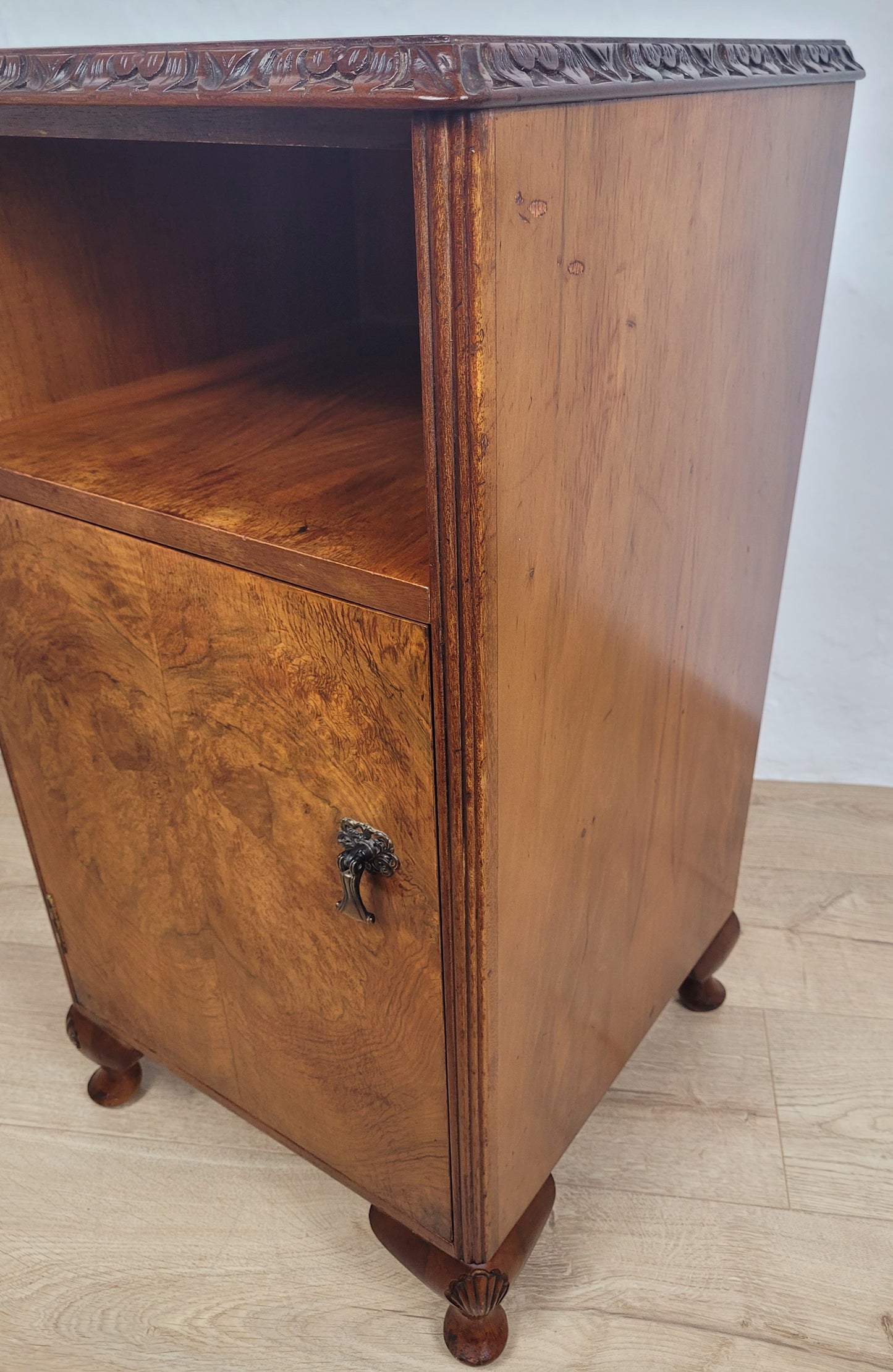Vintage Bedside Cabinet Walnut Shell Carvings Mid 20th-Century Postage Available