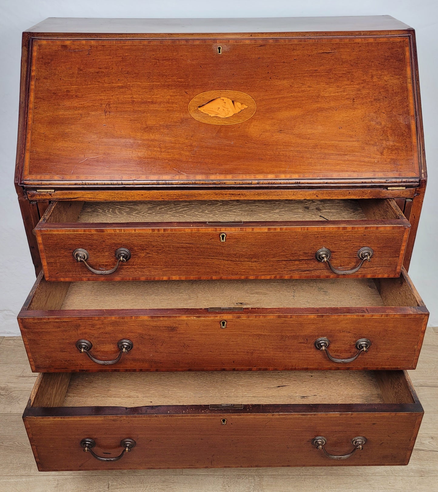 Edwardian Writing Bureau Desk Key & Lock Shell Motif 1910 Delivery Available