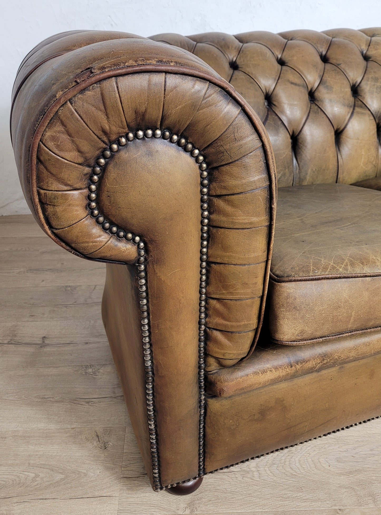 Chesterfield 3 Seater Sofa Settee Olive Green Leather 1960s Delivery Available