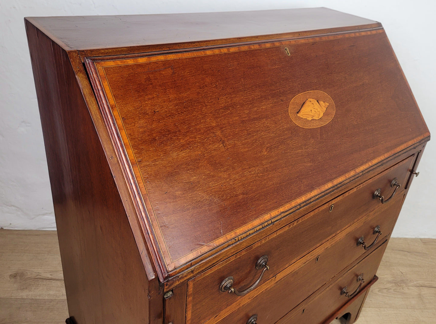 Edwardian Writing Bureau Desk Key & Lock Shell Motif 1910 Delivery Available