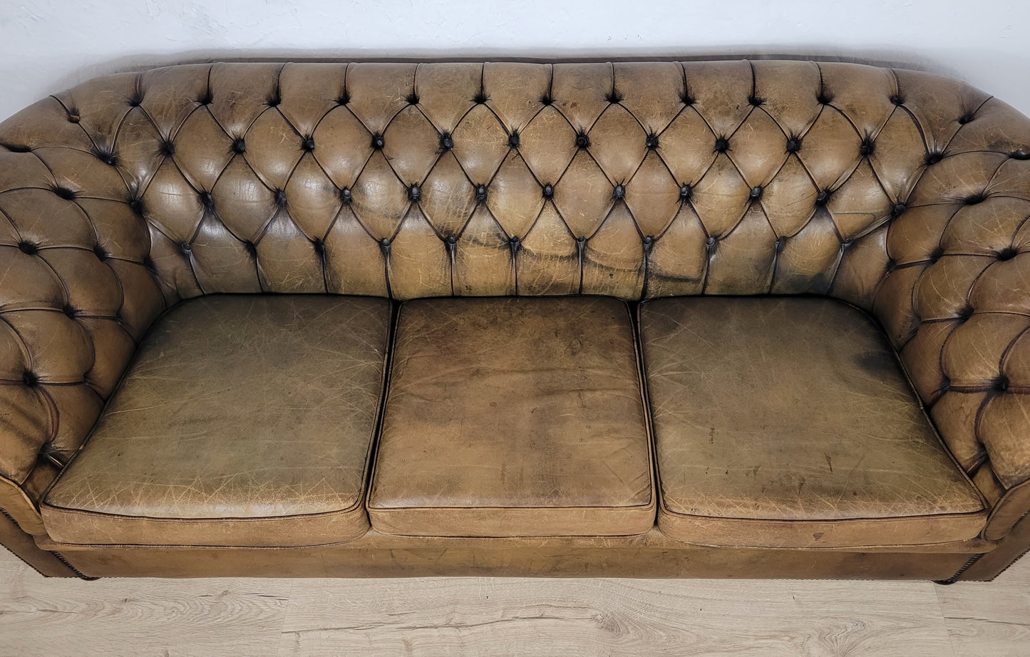 Chesterfield 3 Seater Sofa Settee Olive Green Leather 1960s Delivery Available