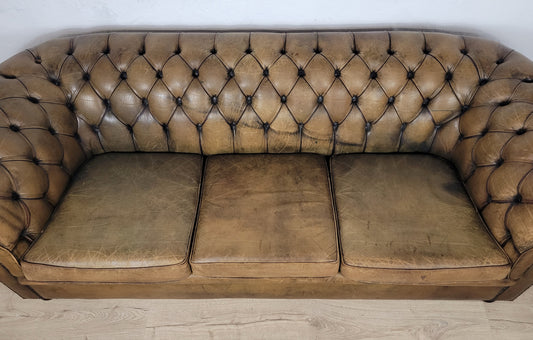 Chesterfield 3 Seater Sofa Settee Olive Green Leather 1960s Delivery Available