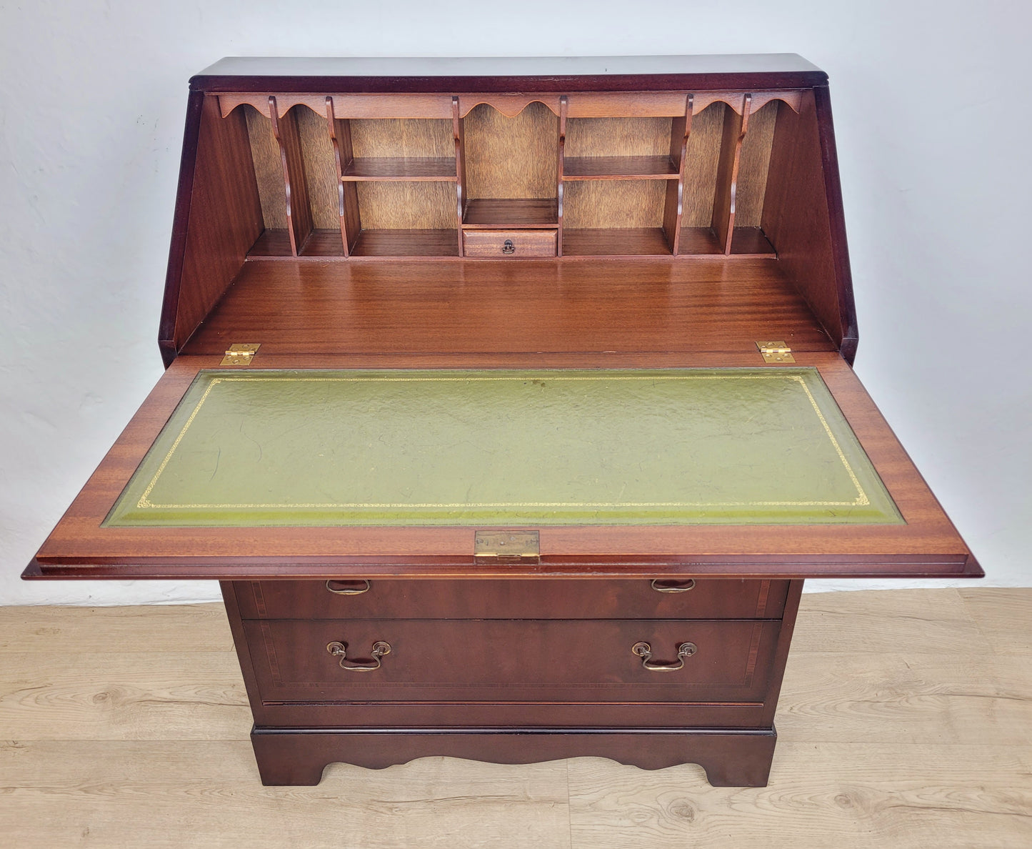 Writing Bureau Desk 20th-C Green Leather Top Drop Handles Delivery Available
