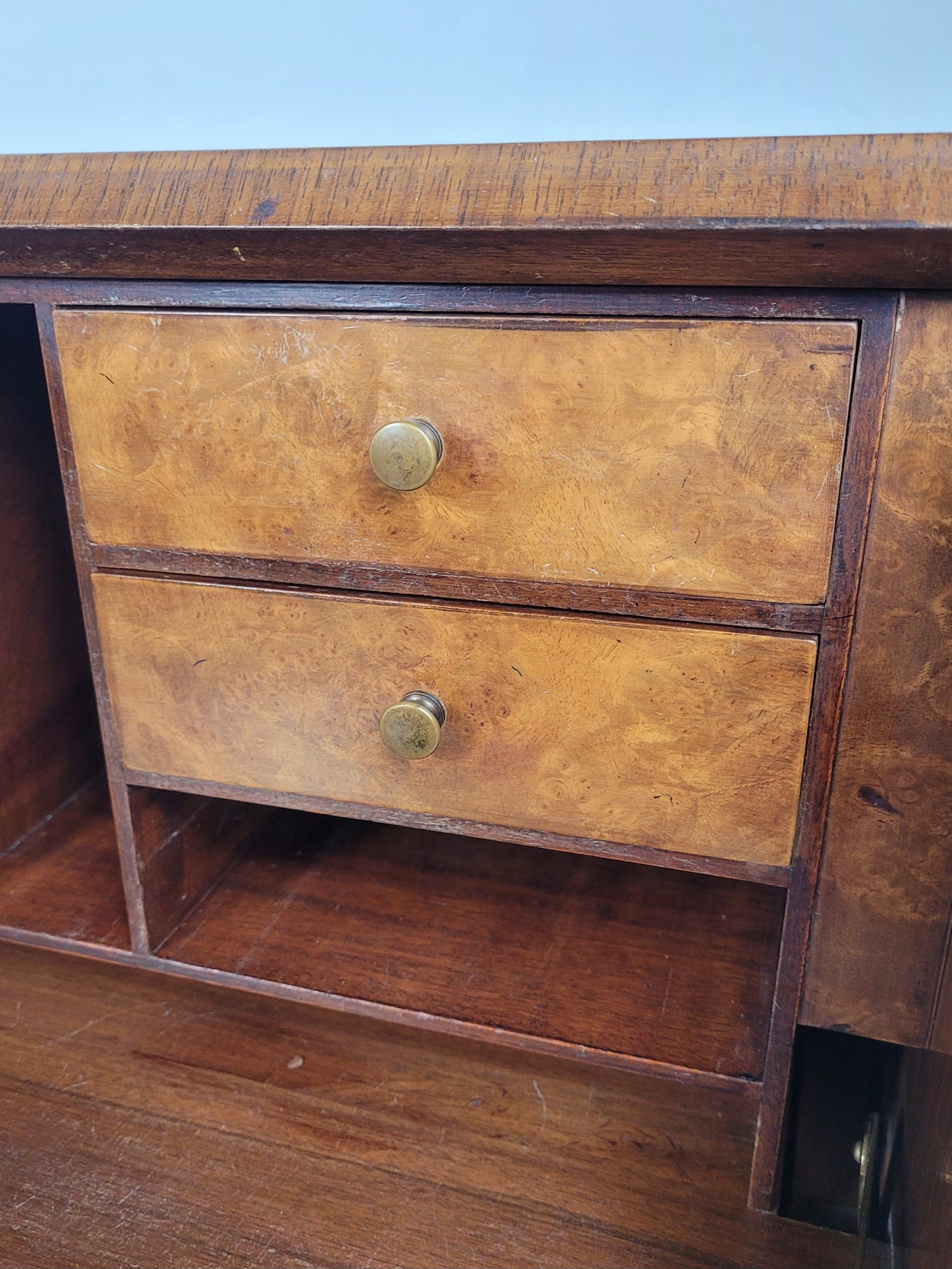 Edwardian Writing Bureau Desk Walnut Antique Carved Leather Delivery Available