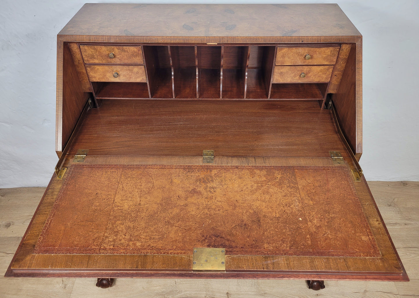 Edwardian Writing Bureau Desk Walnut Antique Carved Leather Delivery Available