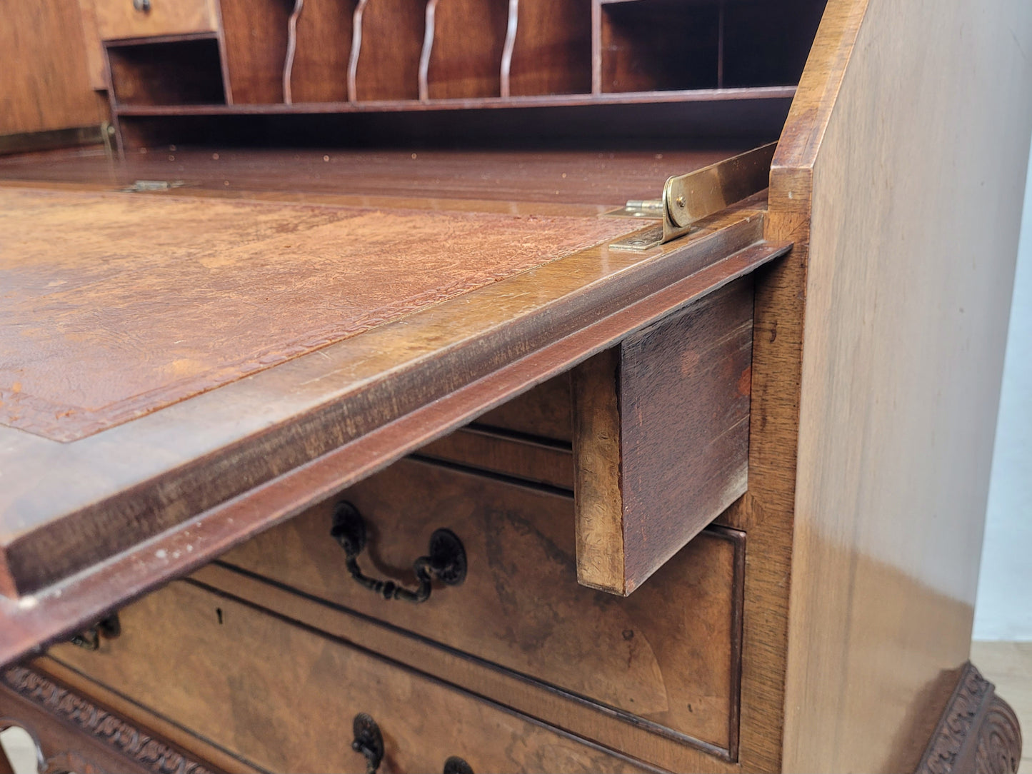 Edwardian Writing Bureau Desk Walnut Antique Carved Leather Delivery Available