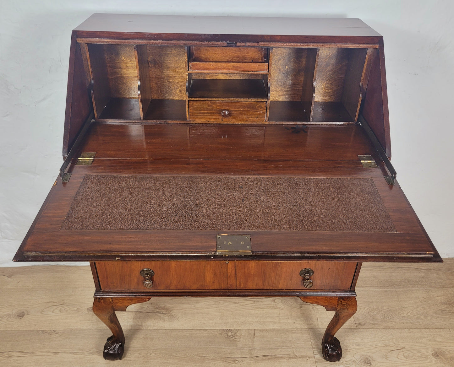 Vintage Writing Bureau Desk Teak Leather Mid 20th-C 1930s Delivery Available
