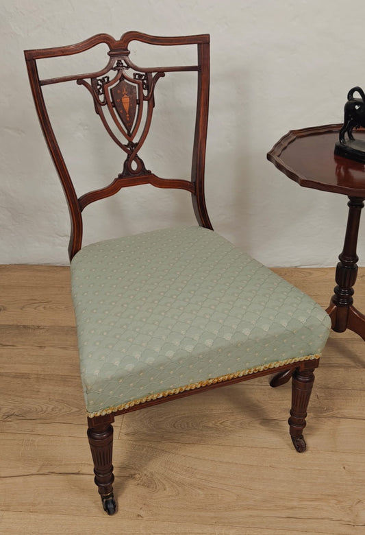 Edwardian Nursing Chair Inlaid Motif Castors Upholstery Postage Available