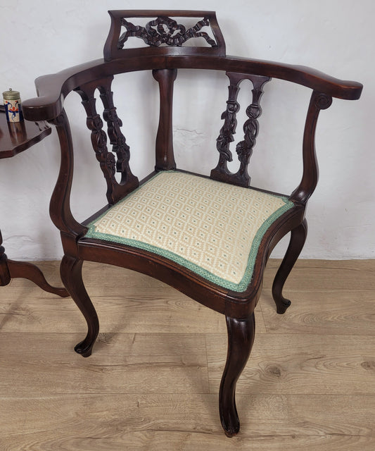 Edwardian Corner Chair Carved Ribbon Crest Floral Slat English Postage Available