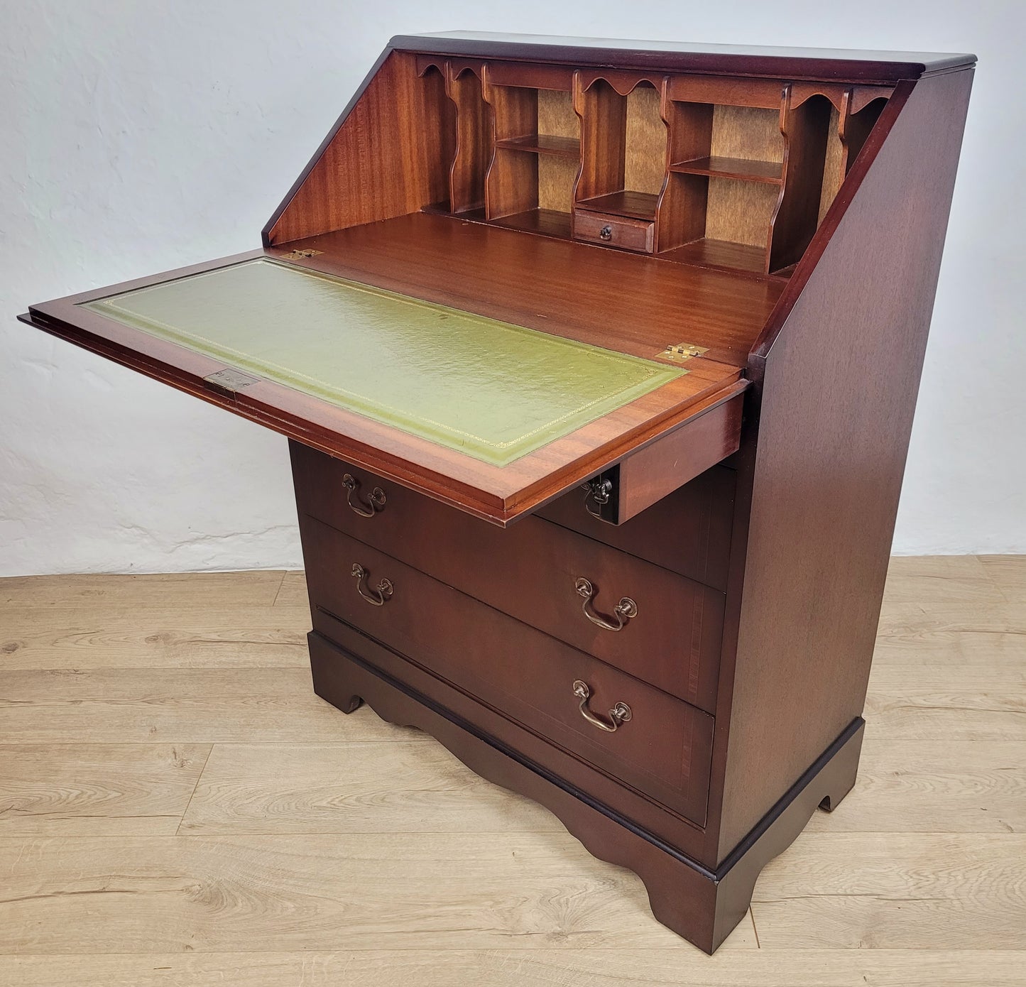 Writing Bureau Desk 20th-C Green Leather Top Drop Handles Delivery Available