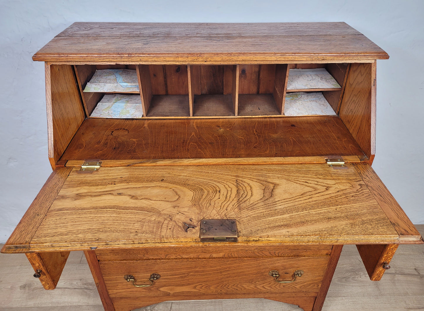 Elm Writing Bureau Desk Vintage 1930s Storage Country Rustic Delivery Available