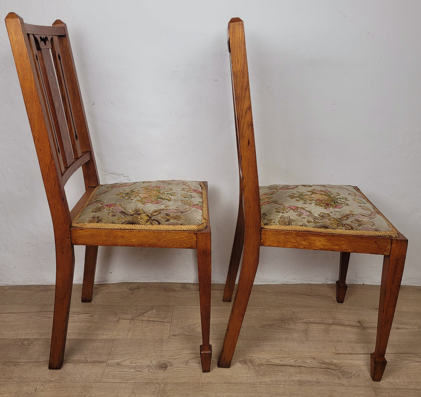 Edwardian Bedroom Chairs Pair 1910s Oak Inlaid Floral Postage Available