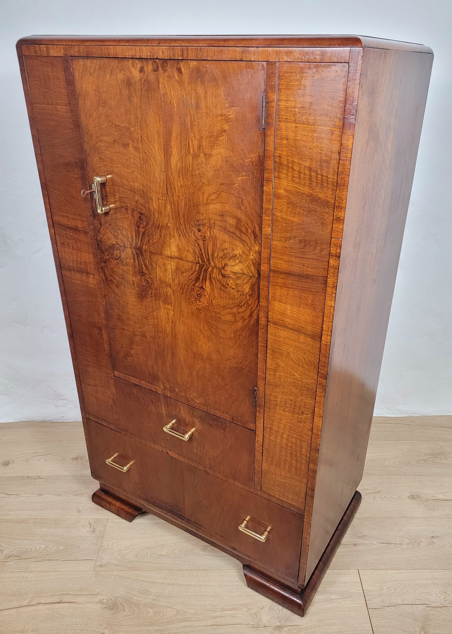 Vintage Walnut Tall Boy Art Deco Mid Century Lock and Key Delivery Available