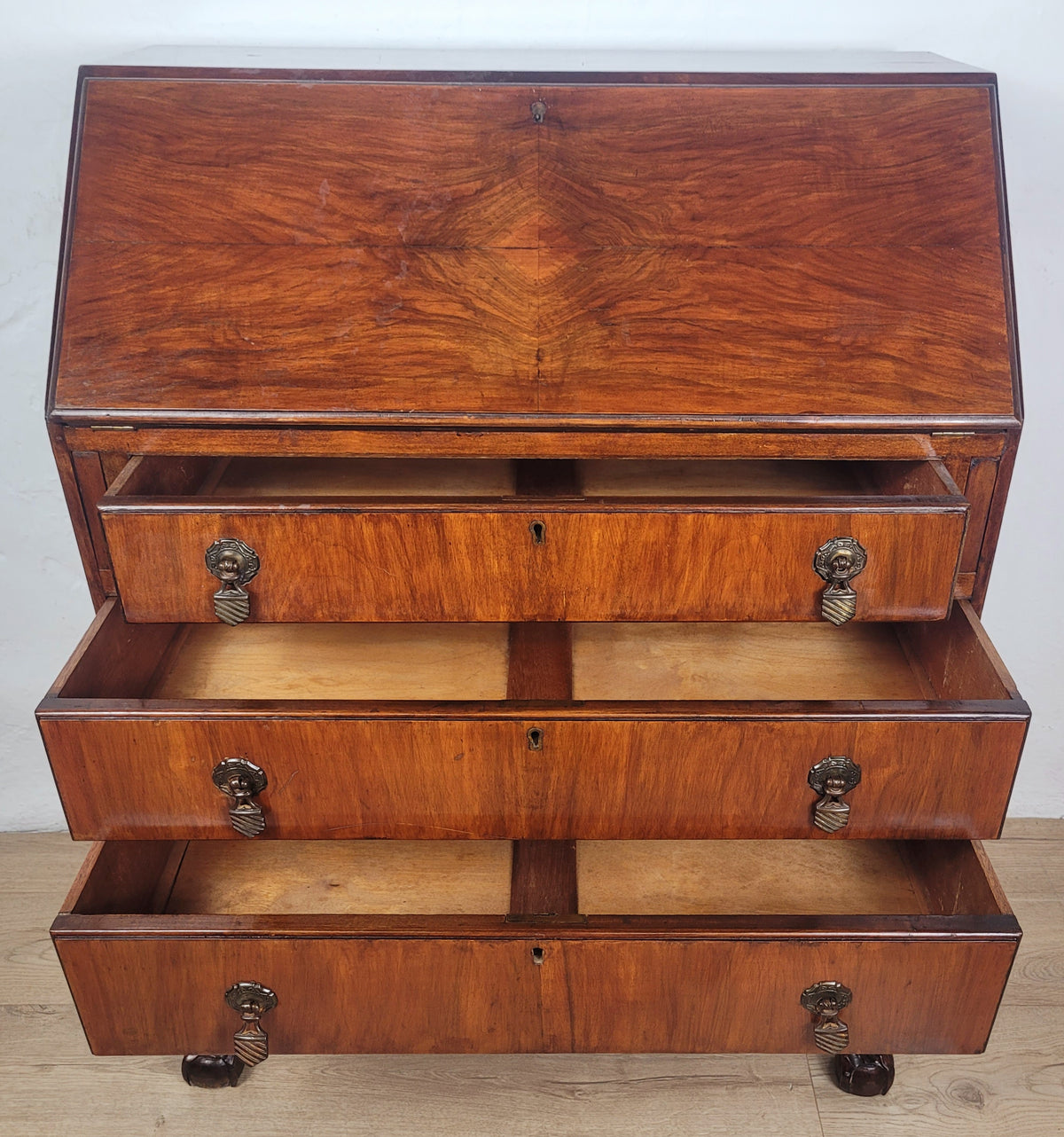 Vintage Writing Bureau Desk Teak Leather Mid 20th-C 1930s Delivery Available