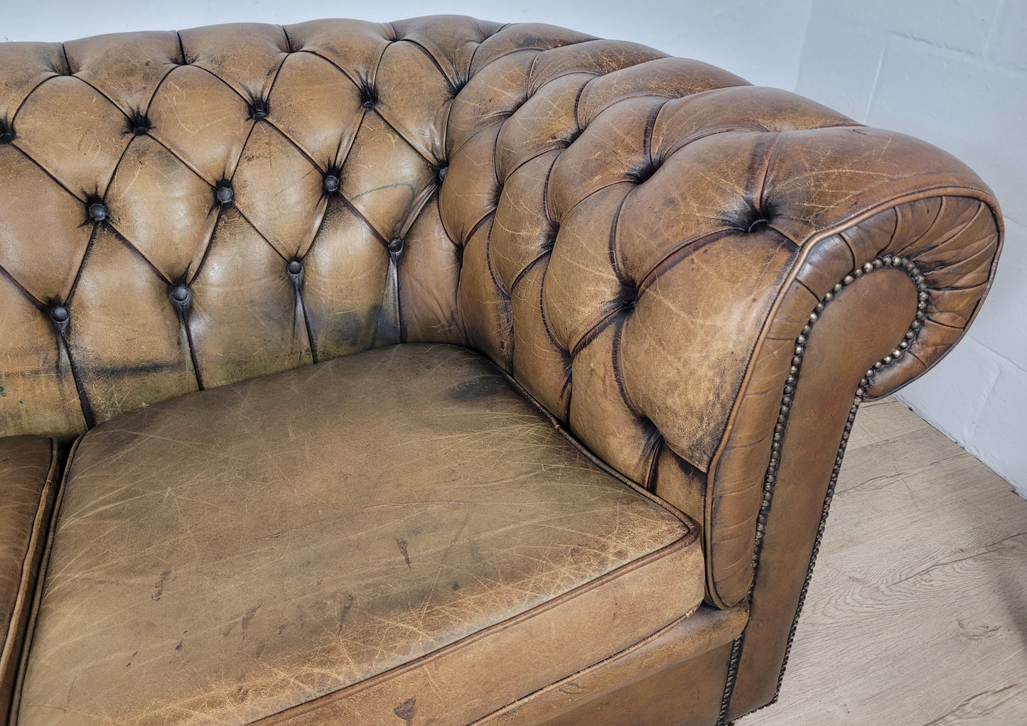 Chesterfield 3 Seater Sofa Settee Olive Green Leather 1960s Delivery Available