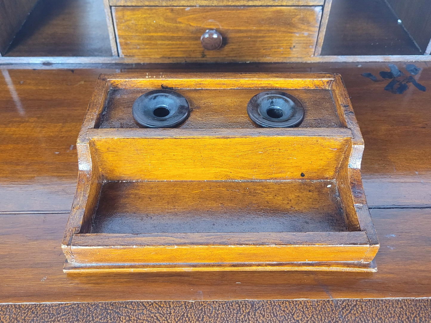 Vintage Writing Bureau Desk Teak Leather Mid 20th-C 1930s Delivery Available