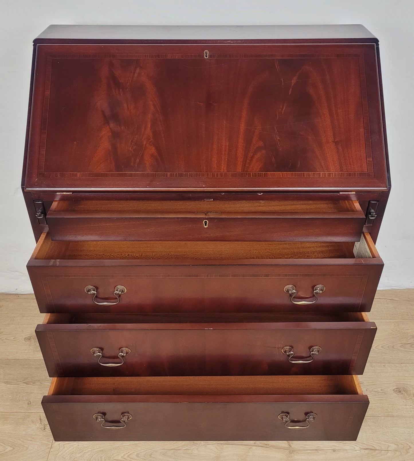Writing Bureau Desk 20th-C Green Leather Top Drop Handles Delivery Available