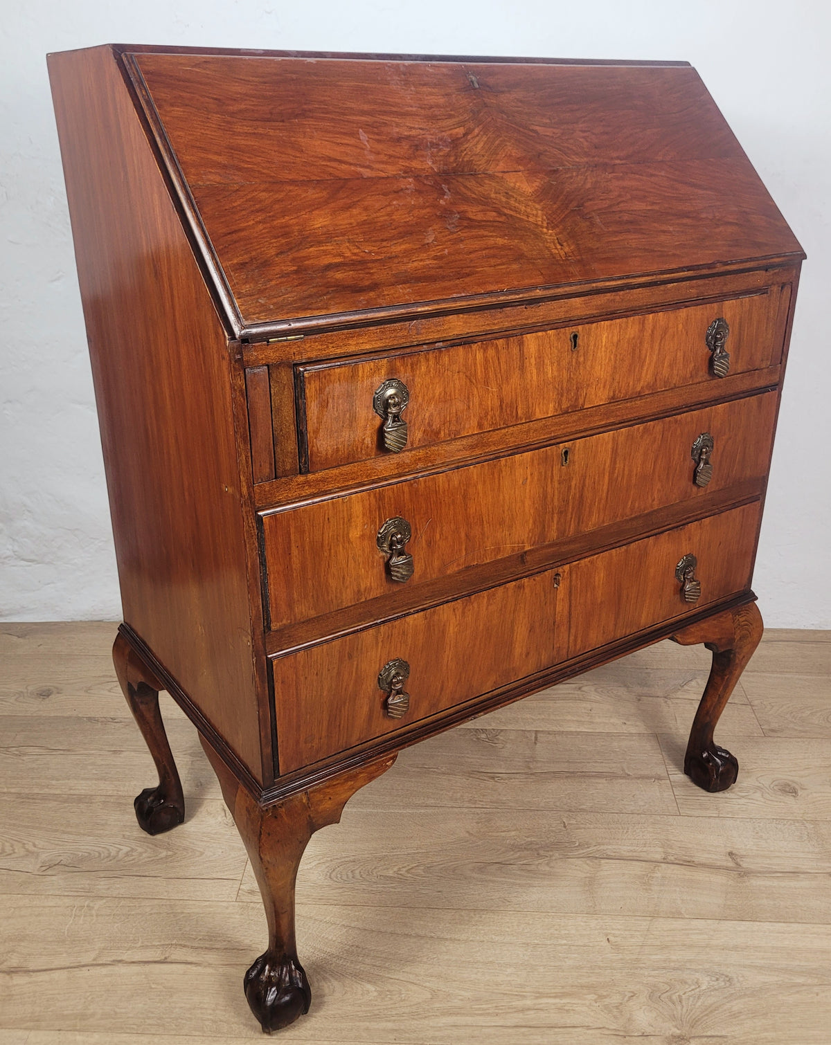 Vintage Writing Bureau Desk Teak Leather Mid 20th-C 1930s Delivery Available