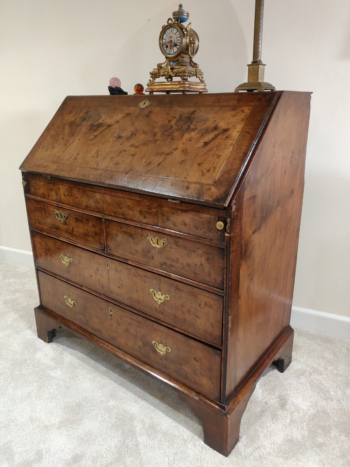 George I Walnut Bureau Featherbanded